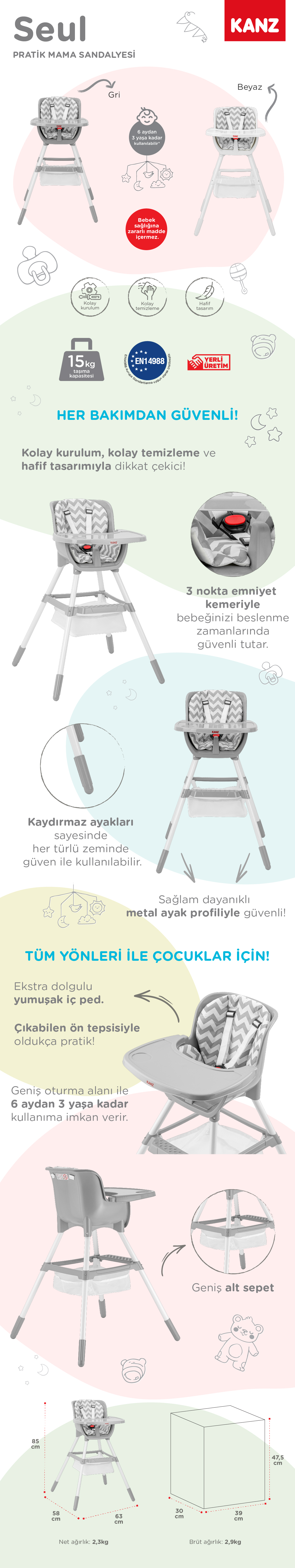 Kanz Seul Sepetli Basic Mama Sandalyesi Beyaz | Satın Al